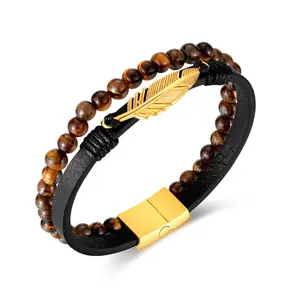 Metal Gold Colored Feathers Charm Natural Tiger Eye Stone Double Layers Genuine Leather Stainless Steel Clasp Bracelet Feather