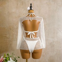 Nouveau Maillot de Bain Femme Trois Pièces 2026 Europe États-Unis, Col Montant, Paillettes Spéciales, Manches Longues, Maille, Uni, Taille Haute