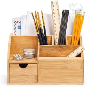 Bamboo Luxury Office <b>Desktop</b> Makeup Brush Display Box Storage <b>Stand</b> Custom Logo Desk Pen Holders Cosmetic Organizer - Product Image 2