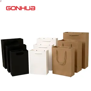 GONHUA yüksek kalite özel çanta karton beyaz siyah kahverengi lüks takı kraft ambalaj ile kağıt alışveriş torbaları şerit kolu