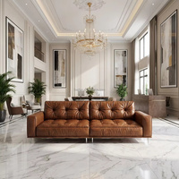 Canapé Chesterfield trois places en cuir pleine fleur marron de style italien moderne, luxe léger et minimaliste pour appartement, penthouse, club