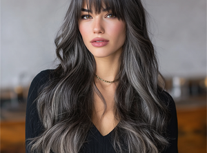 Nouvelle vente en gros 2025 SM518 Perruque longue bouclée pour femme, style 'petite vague d'eau', avec frange naturelle, <span class=keywords><strong>dégradé</strong></span> gris foncé avec mèches - Product Image 4