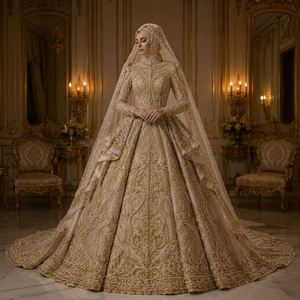 Robe de mariée de luxe moderne en organza faite à la main, brodée or, écologique, style robe de bal, col montant, manches longues, traîne chapelle - Product Image 1