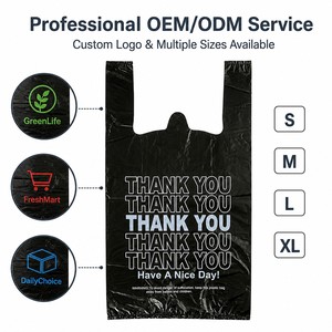 Sacs de courses modernes en HDPE noirs, recyclables, imperméables, avec soufflets latéraux, poignée pour T-shirt, et impression 'Thank You Have Nice Day' blanche - Product Image 3