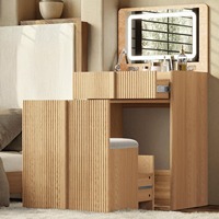Coiffeuse moderne en bois de chêne de taille personnalisée, gain de place, avec miroir LED rabattable, tabouret caché et éclairage intégré
