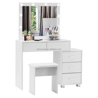 Ensemble de coiffeuse moderne en bois avec miroir éclairé et tabouret, LED à luminosité réglable, 5 tiroirs