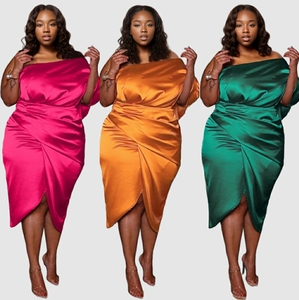Factory Wholesale New Arrival Plus Size Solid Color One Shoulder Ruffled <strong>Tulip</strong> <strong>Dress</strong> - Product Image 2
