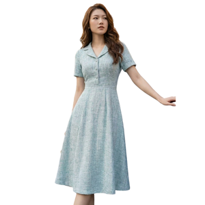 Vestido midi azul claro de línea A para mujer, manga corta, para oficina, con botones al frente, listo para enviar al por mayor - Product Image 1