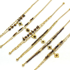 Pulsera Vintage de Acero Inoxidable Chapado en Oro con Piedra de Tigre y Cuentas de Piedra Natural Triturada, con Colgante de Ojo - Product Image 4