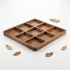 Bandeja de Servir de Madera de Acacia Hecha a Mano con Borde Festoneado y 9 Compartimentos, Organizador Cuadrado Grande para Mesa - Product Image 1