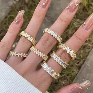 Dylam Non Tarnish Square Cz Cubic Zirconia Eternity Band Ring Stackable Engagement Wedding 18K Gold Plated Rings Jewelry Women