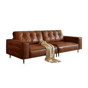 Sofá de Cuero Encerado al Óleo de Diseño Vintage, Color Chocolate, Acolchado, de Una Línea, Mueble para Sala de Estar para Apartamentos Pequeños - Product Image 5