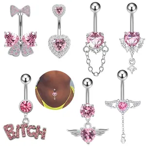 Nueva llegada anillos de botón de ombligo conjunto de cristal Rosa anillo de vientre de acero inoxidable Piercing de vientre joyería al por mayor