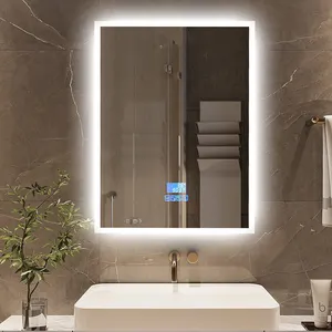 Specchio intelligente da bagno a Led con interruttore tattile a 4 pulsanti retroilluminato con bordo smerigliato rettangolare montato a parete con luci