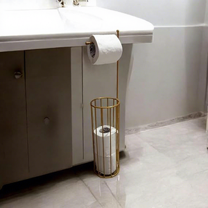 Support de papier toilette moderne en laiton avec panier de rangement pour salle de bain, design minimaliste, sur pied, sans perçage requis - Product Image 1