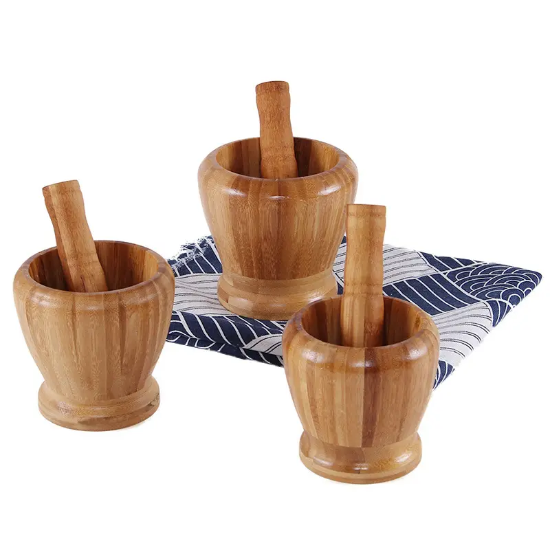 Custom Natural Bamboo Spice Grinder Mortar and Pestle Wooden Manual Garlic Crusher for Kitchen