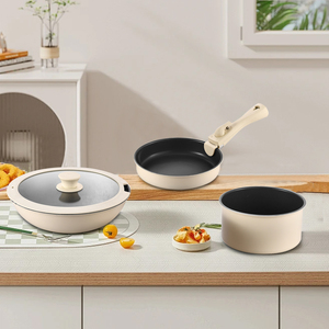 Venta al por mayor de fábrica, <span class=keywords><strong>4</strong></span> piezas, multifunción, mango extraíble, olla para sopa, sartén, Wok, juegos de utensilios de cocina pequeños antiadherentes para el hogar - Product Image 1