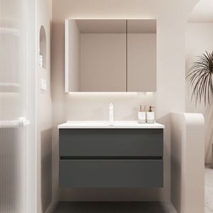 Meuble de salle de bain noir simple avec miroir intelligent, armoire suspendue et lavabo blanc - Product Image 6