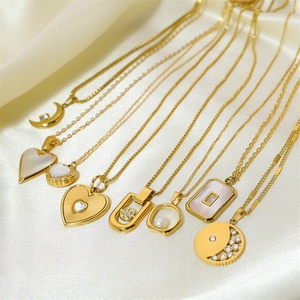 Wholesale Minimalist Jewelry Custom Gold Stainless Steel Geometric Zircon Pearl Round Moon Shell Heart Pendant Women <b>Necklace</b> - Product Image 3
