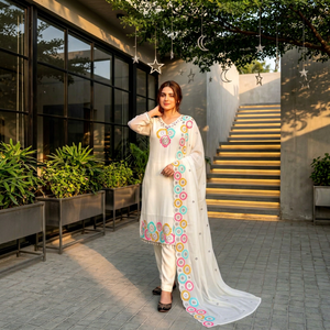 Magnifique Salwar Kameez prêt-à-porter en maslin avec motif imprimé numérique et véritable travail de miroir, bordure en dentelle épaisse - Product Image 1
