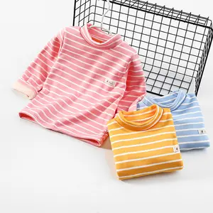 Детская флисовая и толстая футболка с длинным рукавом, топы с высоким воротом, полосатая теплая Базовая рубашка