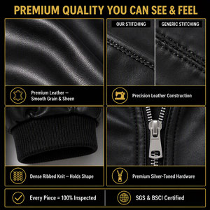 Blouson aviateur en cuir PU <span class=keywords><strong>noir</strong></span> sur mesure de haute qualité pour homme, style streetwear tendance, inspiré du vintage, avec fermeture éclair. - Product Image 4