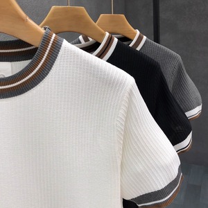 เสื้อสเวตเตอร์ถักแขนสั้นผู้ชายทรงเข้ารูประบายอากาศได้ดีผ้าไหมน้ำแข็งสำหรับใส่พักผ่อน - Product Image 4