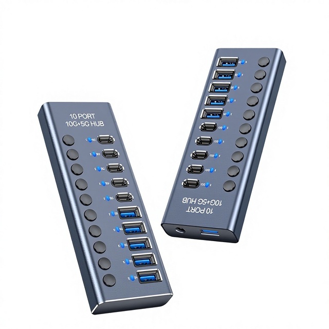 10 Port USB Hub 10Gbps+5Gbps 5A+5C USB 3.0 Splitter Individual On/Off Switches Aluminum Alloy USB Expander