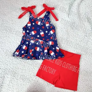 DH OEM New Design 4th Of July Halter Peplum Biker Shorts 2 Pieces Outfit Baby Girl Clothes Set