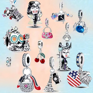 Colgante de Joyería para Pulsera DIY, Clásico, con Cuentas, de Zirconia, Bañado en Plata, con Diseños de Ardilla, Bruja, Villana, Princesa y Calavera, para Niños - Product Image 1