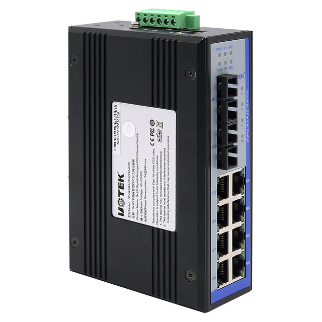 UOTEK Industrial 100M 2 Layers 8 Ports RJ45 Network Managed POE Ethernet Switch 2 Gigabit Optical Fiber SC DIN-Rail UT-6428M