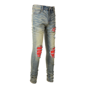 <span class=keywords><strong>Jeans</strong></span> Vintage Blu da <span class=keywords><strong>Uomo</strong></span> in Offerta Speciale, Vestibilità Slim, con Patch Rossa, Effetto Usurato e Danneggiato, Bottoni, Lavaggio Stonewashed, per l'Inverno, Stile <span class=keywords><strong>Boyfriend</strong></span> - Product Image 2