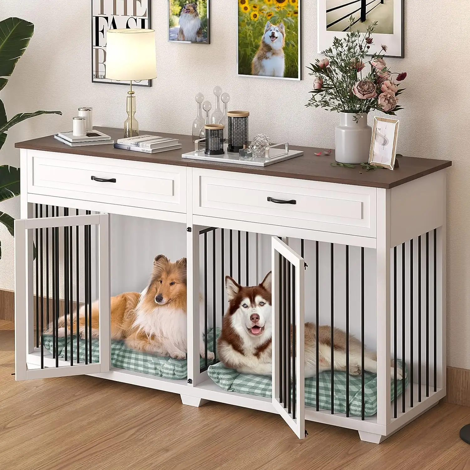 Large Dog Crate Furniture Dog Crate Kennel with 2 Drawers and Divider Heavy Duty Dog Crates Cage Furniture