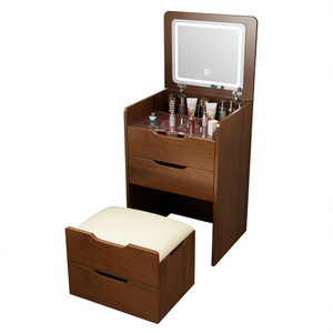 Coiffeuse compacte en noyer avec miroir relevable éclairé et plateau en verre, design moderne pour chambre à coucher - Product Image 1
