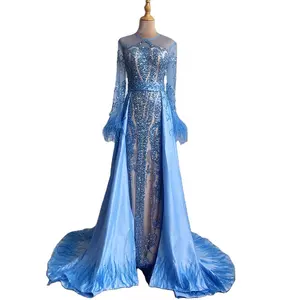 Blue Long Sleeves Beaded Mermaid with Detachable Skirt Evening Gowns 2024 Serene Hill LA60932A Formal Party Dresses for Women