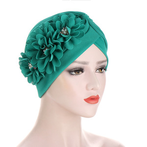 10 couleurs unies, bandanas ethniques, foulards musulmans africains, chapeaux melon d'eau avec perles et diamants, turbans à trois fleurs - Product Image 2