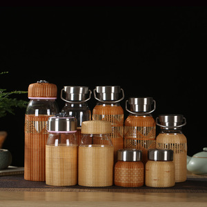 Chinese Handmade Bamboo Woven Glass Tea Water Bottle With Lid Stainless Steel Large Bellied Cup For Women Cold Drink Storage - Product Image 1
