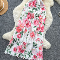 Robe longue décontractée pour femme, élégante, à imprimé floral, en dentelle, épaules dénudées, sans manches, coupe trapèze, pour le quotidien et les soirées