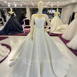 Jancember Vestidos DE BODA civiles modernos Vestidos bordados de encaje de satén de manga larga con apliques de cristal y flores - Product Image 1