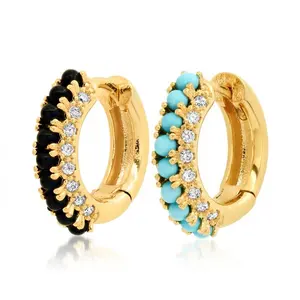 Gemnel silver 925 jewelry minimalist style 18K gold plated turquoise black onyx stones women hoop earring