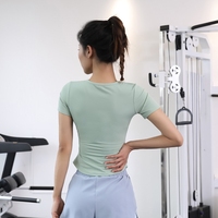 Kaus Olahraga Lengan Pendek Kerah V Nilon Tipis Musim Panas Pakaian Yoga Pelangsing Ketat Wanita Atasan Fitness Bernapas