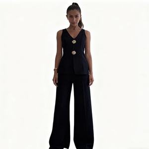 女式优雅纯色v领无袖背心 & 高腰宽腿裤休闲2件套Sehe时尚 - Product Image 2