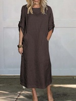 Robe mi-longue vintage en lin, coupe ample, col rond, manches à revers, tenue décontractée d'été pour femme 2026
