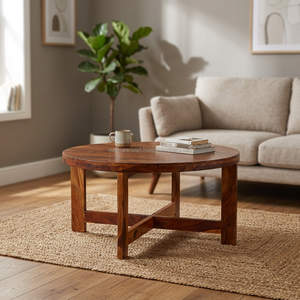 Industrial & Vintage Durable Solid <b>Oak</b> Round Coffee Table with Metal <b>Frame</b> for Home Living Room Furniture - Product Image 2