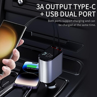 Chargeur de station de téléphone de voiture à affichage numérique LED à charge rapide 4 1 rétractable 2 câbles adaptateur rapide (adaptateur d'alimentation de type C