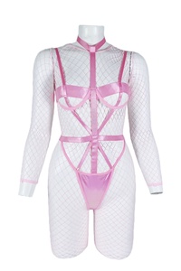 Combinaison en résille noire et rose à la mode, pour femmes, avec découpes, transparente, en deux pièces, <span class=keywords><strong>lingerie</strong></span> sensuelle à bandeaux - Product Image 4