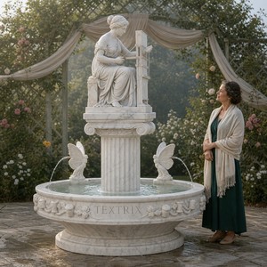 Fuente de jardín de mármol con estatua de musa tejedora y dos salidas de agua en forma de mariposa, tallada a mano, con recipiente de lanzadera para villas y propiedades. - Product Image 2