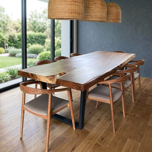 Modern Solid <b>Wood</b> <b>Dining</b> <b>Table</b> Set 8 Chairs Slat Back Natural Finish Live Edge Design Customized Size Home <b>Dining</b> Room Furniture - Product Image 3