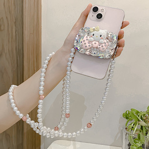 Specchio per il trucco gattino gatto clip posteriore per tutti i telefoni cellulari con croce diagonale appeso corda in stile ragazza catena a clip per telefono