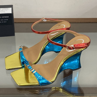 Sandales pour femmes multicolores à bout carré, mules à boucles, talons compensés bleus hauts, à enfiler, à double bride